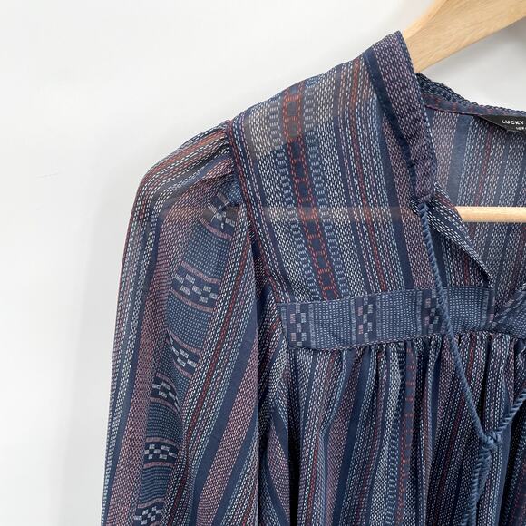 Lucky Brand Navy Print Long Sleeve Lightweight Peasant Blouse // S - Picture 3 of 6
